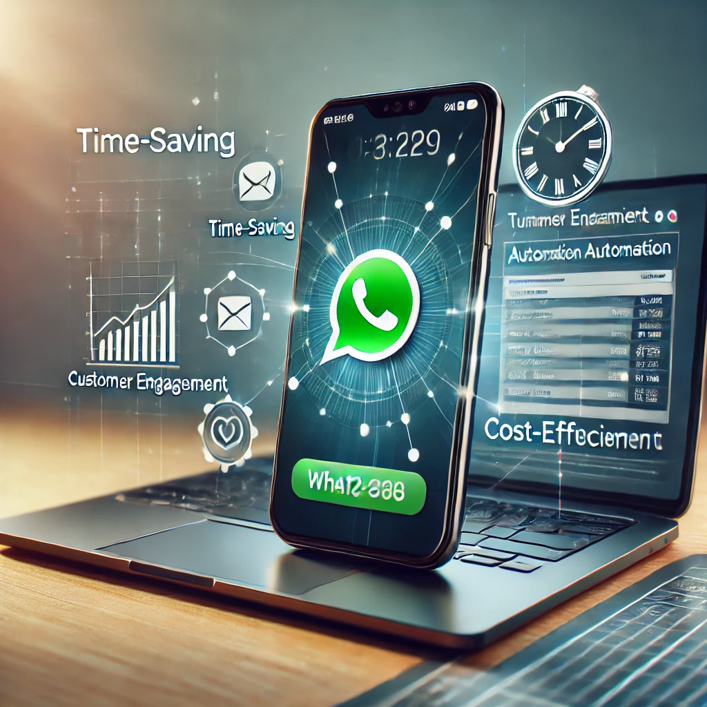 A futuristic business-themed image showing WhatsApp messaging automation using Wbiztool, with a smartphone connected to a laptop dashboard displaying automation processes. Icons represent future technology, AI, time-saving, and customer engagement.