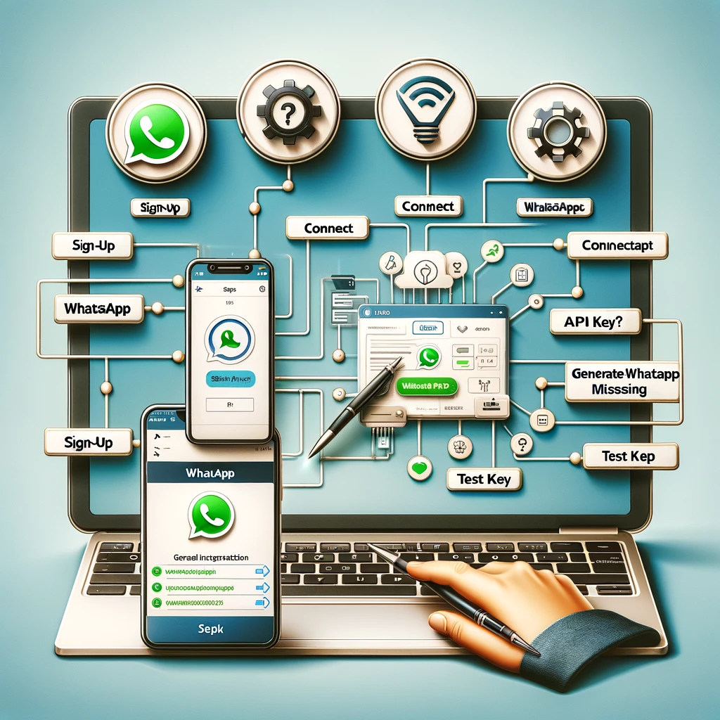 A business-themed image showing the step-by-step process of setting up Wbiztool for automating WhatsApp messaging, with icons representing key steps like sign-up, connecting WhatsApp, generating API keys, and testing integration. A smartphone and laptop are shown, highlighting the simplicity and efficiency of the process